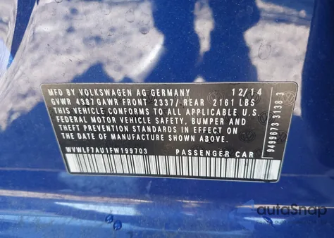 2015 Volkswagen Golf R 4-Door from USA, damaged, VIN WVWLF7AU1FW199703